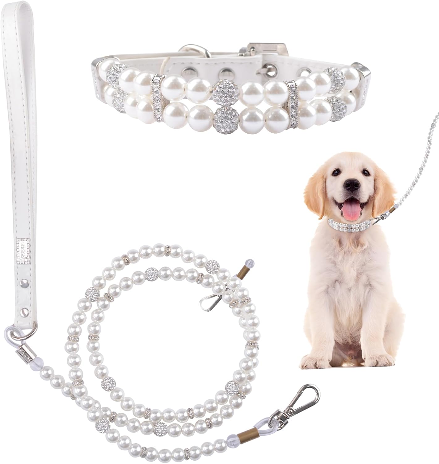 Pearl Dog Leash and Collar, 2 Pieces Dog Cat Pearl Collar Leash Set Adjustable Dog Leather Pearls Collars with Rhinestone for Dogs Cats Puppy