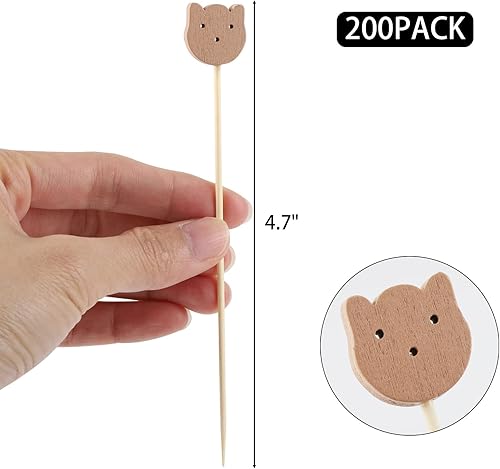Miniatura 2 de 200 palillos de cóctel de bambú de 4.7 pulgadas, palillos de cóctel de cara de oso, palillos de alimentos, palillos decorativos para aperitivos,