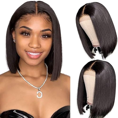 SUPER STYLE Bob Lace Front Wigs Human Hair 4x4 Middle Part Wigs Short Straight Bob Wigs Human Hair Brazilian Lace Front Wigs for Black Women 150% Density Natural Color (10inch)