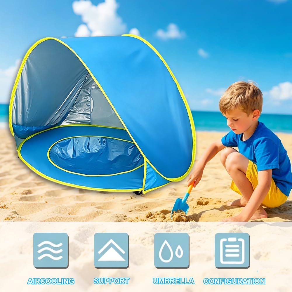 Tenda da Spiaggia Pop-up, Tenda da Spiaggia Bambini con Mini Piscina e Borsa, Tenda per Neonati Pieghevole Portatile Protezione Solare Anti-UV 50+, Tenda Spiaggia Bambini per Campeggio