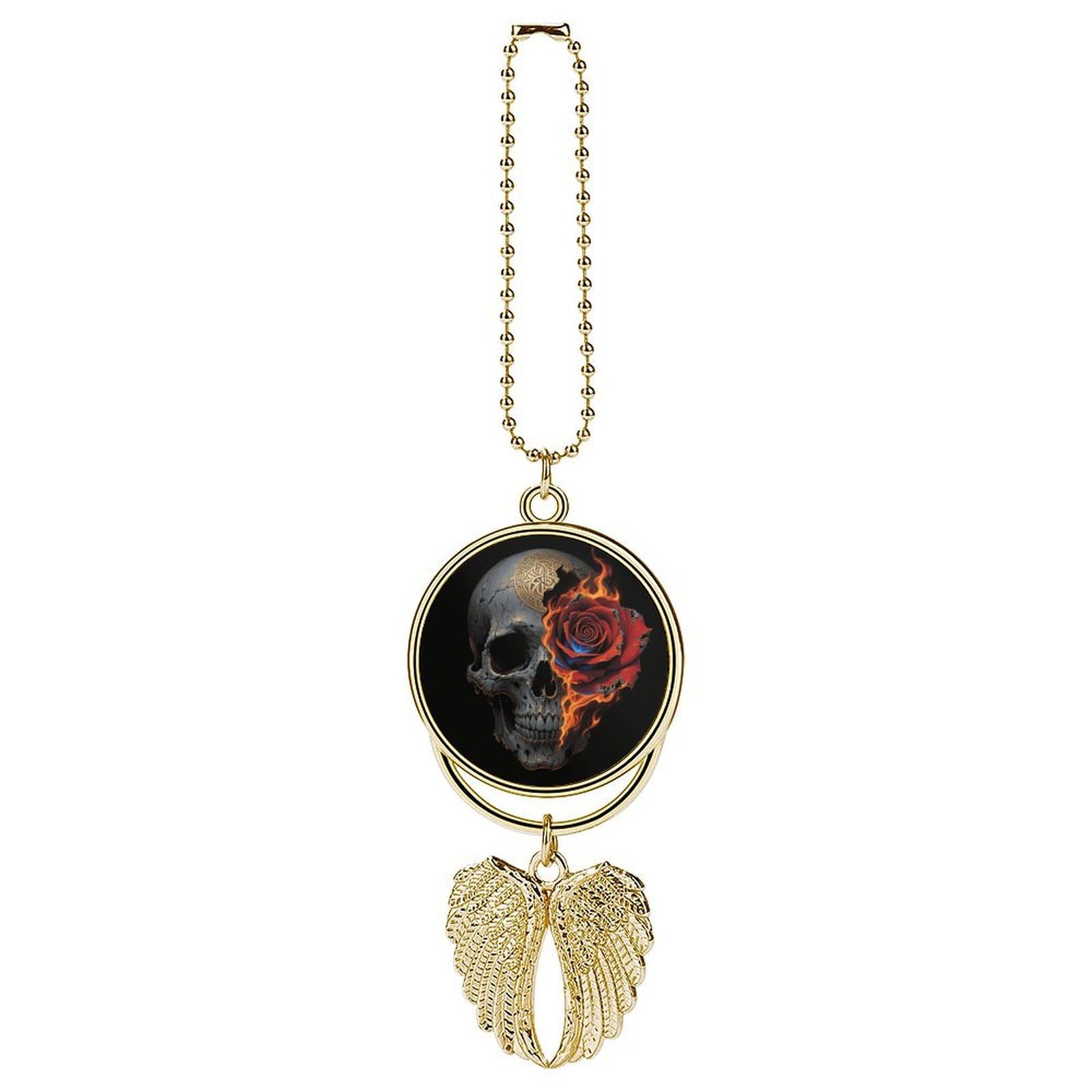 Gothic Skull and Black Rose Guardian Angel Wing Car Ornament for Mirror, Zinc Alloy Hanging Charm with Spiritual Design for Protection, Rearview Mirror Accessory Decor Gift for Women Men(Golden)