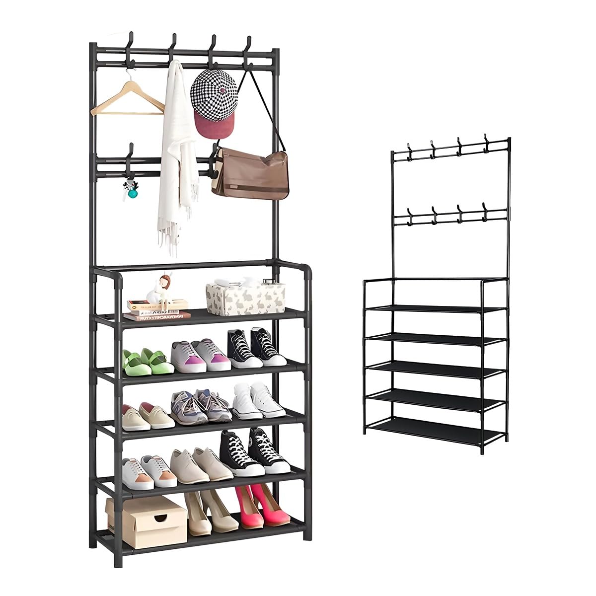 RagaBasics, Zapatera/Perchero Multifuncional, Organizador de Calzado con Perchero Incorporado, Diseño 2 en 1 de 5 Niveles con Capacidad de hasta 15 Pares, Perchero con 8 Ganchos (Negro)