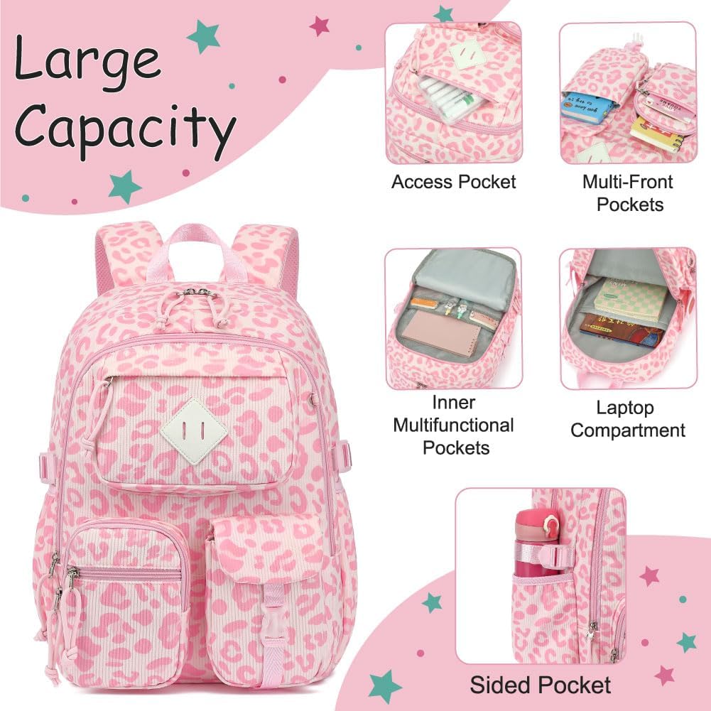 Corduroy 3-Piece Backpack Set for Girls Boys School Bookbag, Kids Backpacks with Lunch Box and Pencil Case (Ages 8-18)-Pink Leopard