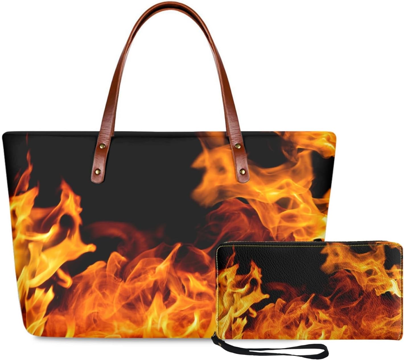 Women Purses and Handbags Sets Orange Flame Print Woman Totes Top Handle Shoulder Bags with Matching Wallets Long Style