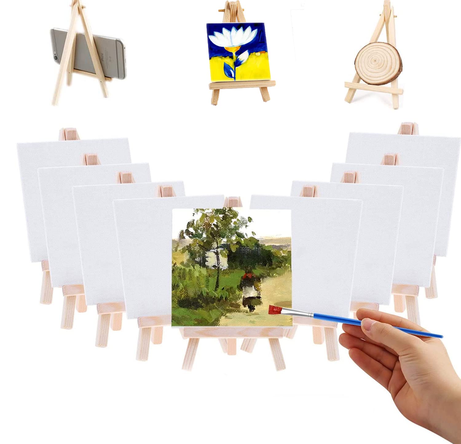 ELECDON Mini Canvases with Easels, 12 Pack Small Canvas Panel with Tabletop Easels, Mini Canvas Panels, and Pine Wood Easel Painting Kit for Artist Painting Business Wedding Christmas Decoration