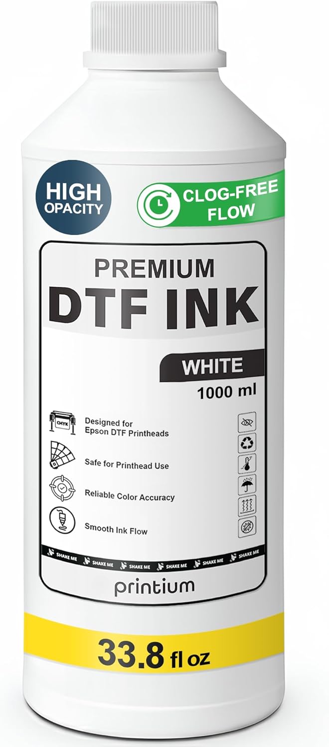 DTF Ink White 33.8 fl oz (1000 ml) Refill – High Opacity, Clog-Free Formula – Compatible with All DTF Printheads Including I3200, XP600, L1800, ET8550 – Reliable Color Accuracy & Smooth Ink Flow