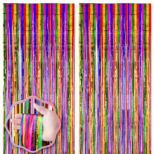 Image of Voircoloria 2 Pack 3.3x8.2 Feet Rainbow Foil Fringe Backdrop Curtains, Tinsel Streamers Birthday Party Decorations, Fringe Backdrop for Graduation, Baby Shower, Gender Reveal, Disco Party