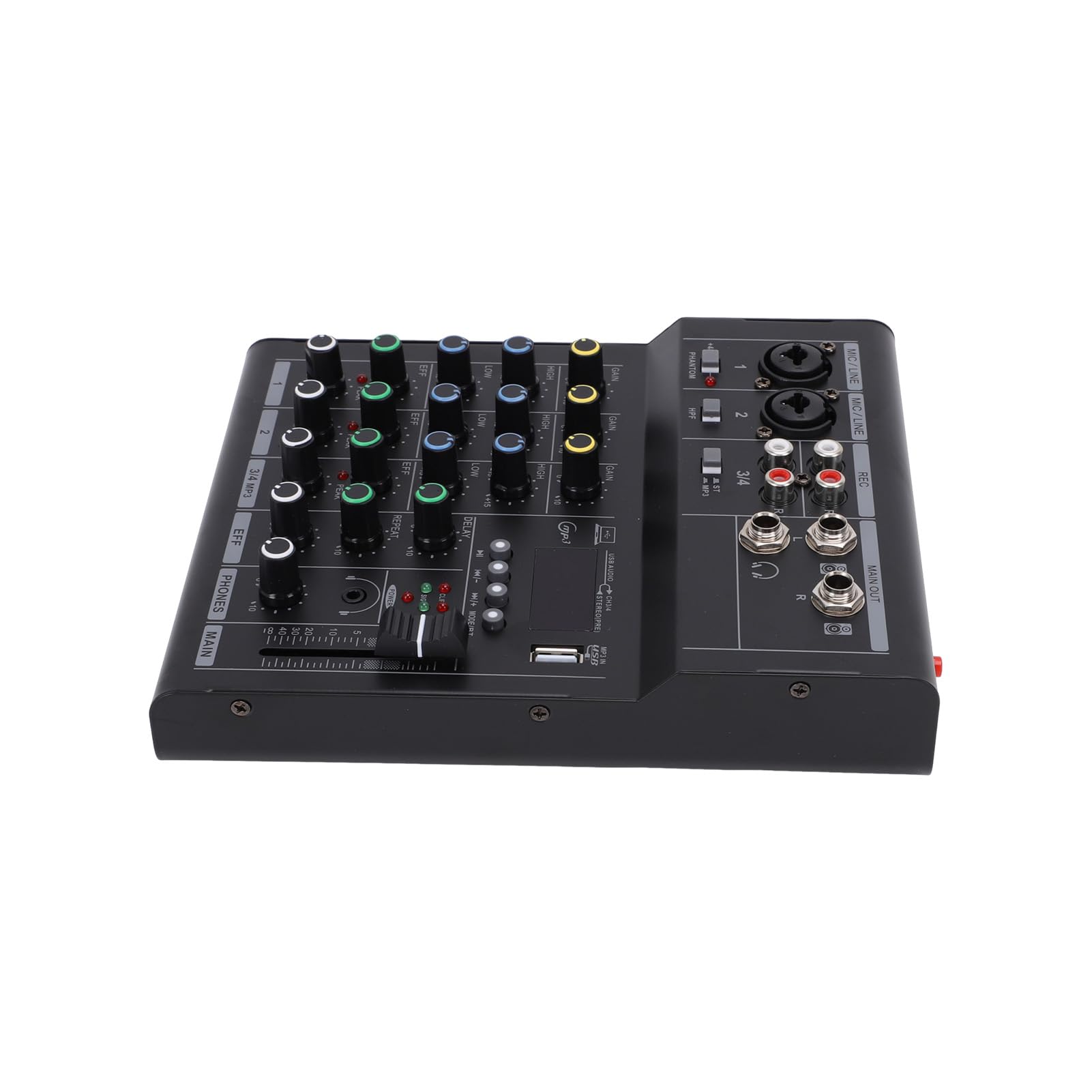 4-Kanal-Mini-Audio-Mixer, BT MP3 USB 48 V Phantomspeisungs-Mixer, Integrierter Gitarrenverstärker- mit DJ-Mischbrett-Design, Ideal für Mikrofone, Gitarren, Keyboards und Studioaufnahmen