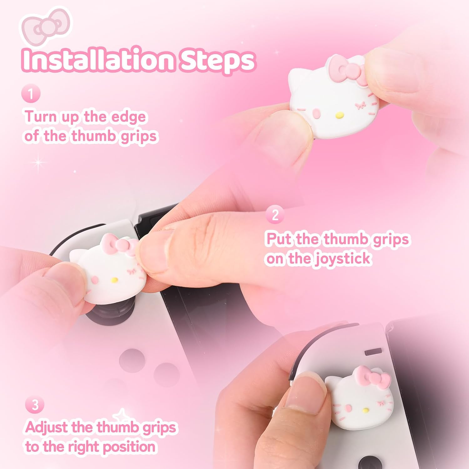 Kuitmor 4PCS Thumb Grips Caps Compatible with Switch/OLED/Lite, Kawaii Charactor Thumbs Grip, Soft Silicone Switch Joystick Cover for JonCon, Cute Cat Style, White & Pink