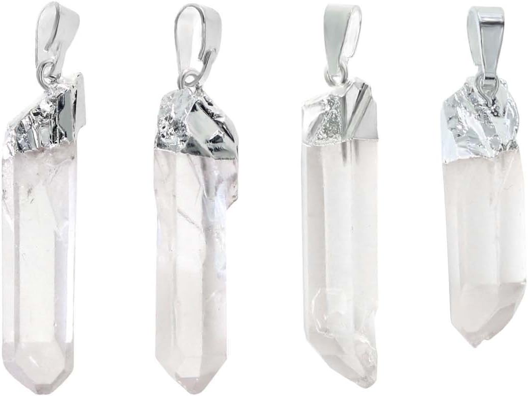Wholesale 4 PCS Raw Clear Quartz Crystal Charm Natural Stone Pendant Chakra Healing Point Reiki Charm Bulk for Jewelry Making (Silver)