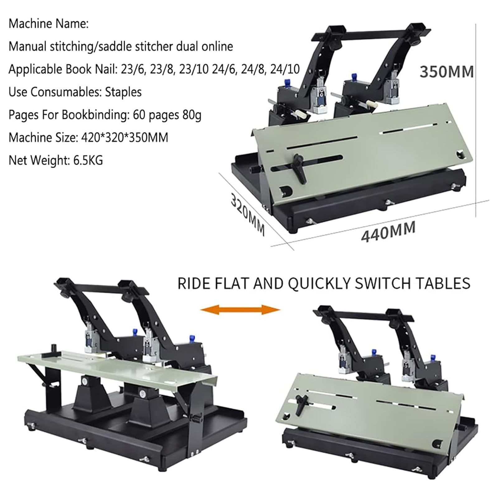 Grapadora de Doble Cabezal, Grapadora de Escritorio A3/A4, con Abrazadera, Grosor de encuadernación 40 Hojas, Grapadora Manual Plana, máquina Grapadora de Doble propósito, Grapadora/creadora de foll