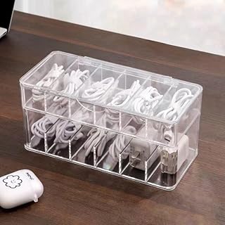 Data Cable Organizer Storage Box with Lid Electronic Cables Organizer Box Transparent Charger Cable Organiser Desk Accessories Storage Organizer Cable Management Tidy with 15 Cable Ties Straps