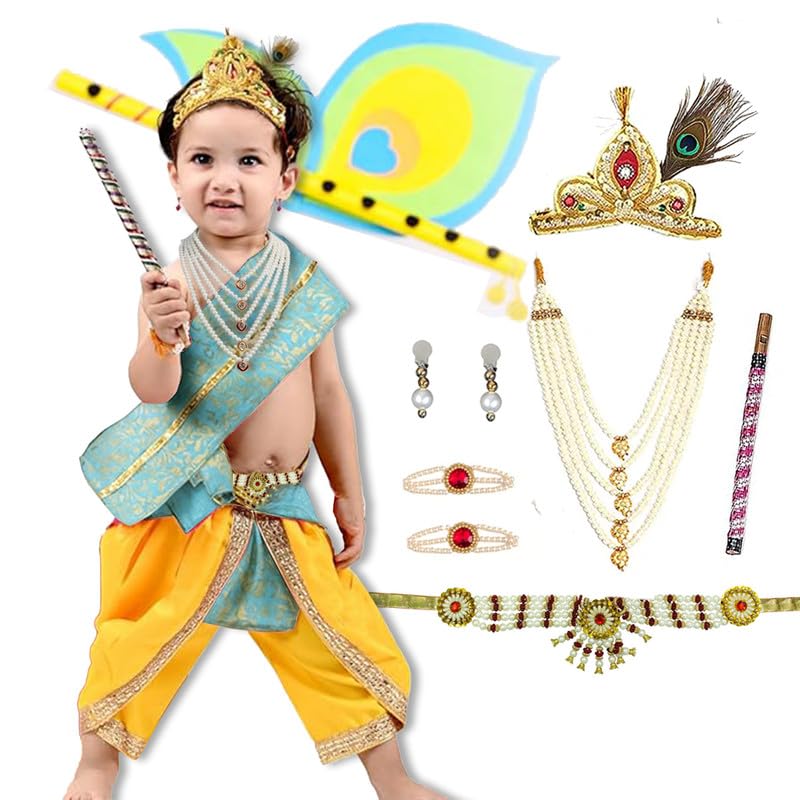 Krishna Dress for Kids, Krishna Costume for Kids Boys and Girls on Janmashatmi, Dahi Handi, Cultural Programes and School Events with Dhoti, Patka, Cummerbund and All Accessories