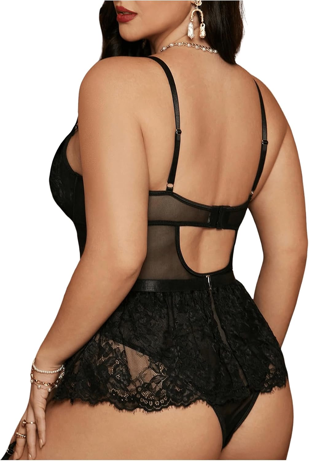 OYOANGLE Women's Plus Size Lace Babydoll V Neck Teddy Lingerie Set
