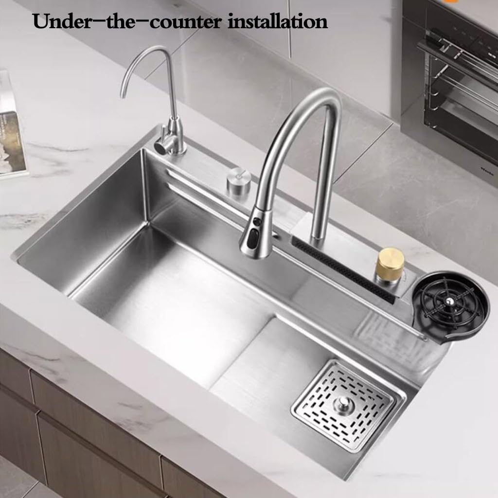 Lavello a sifone in acciaio inox color argento con rubinetto, rondella e cestello di scarico, lavello da cucina, piano di lavoro per lavastoviglie integrato, piscina fognaria controllata