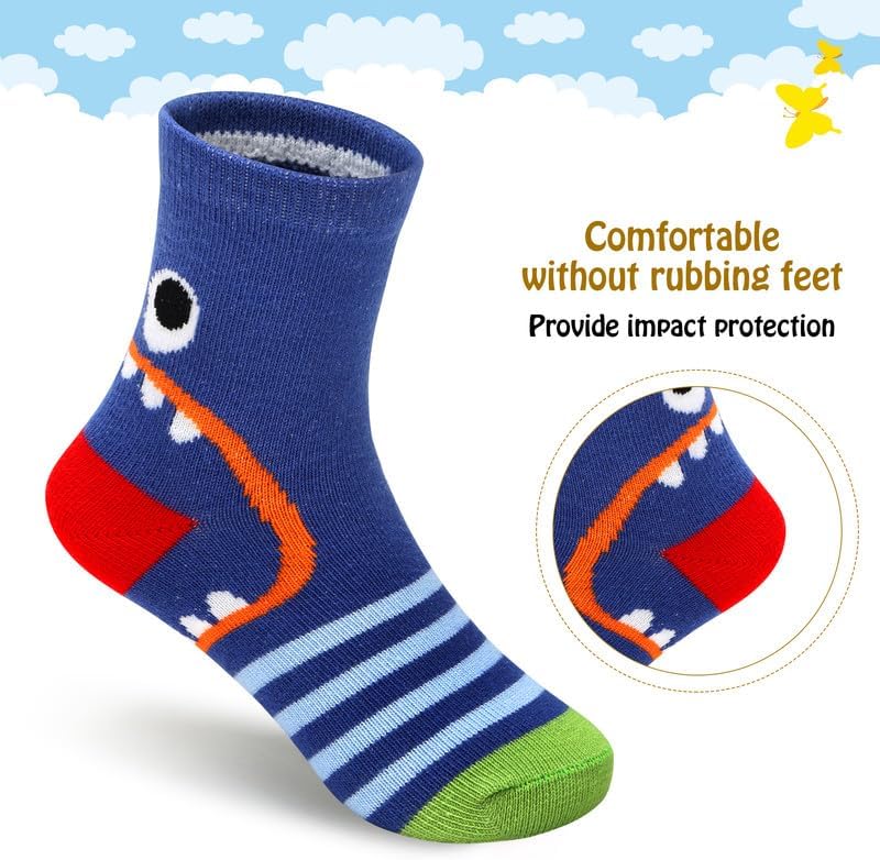 Padgene 10 Pairs Kids Boys Fun Novelty Socks Toddler None Slip Cotton Crew Dress Socks Cartoon Dinosaur Car Shark Stripes - Image 8