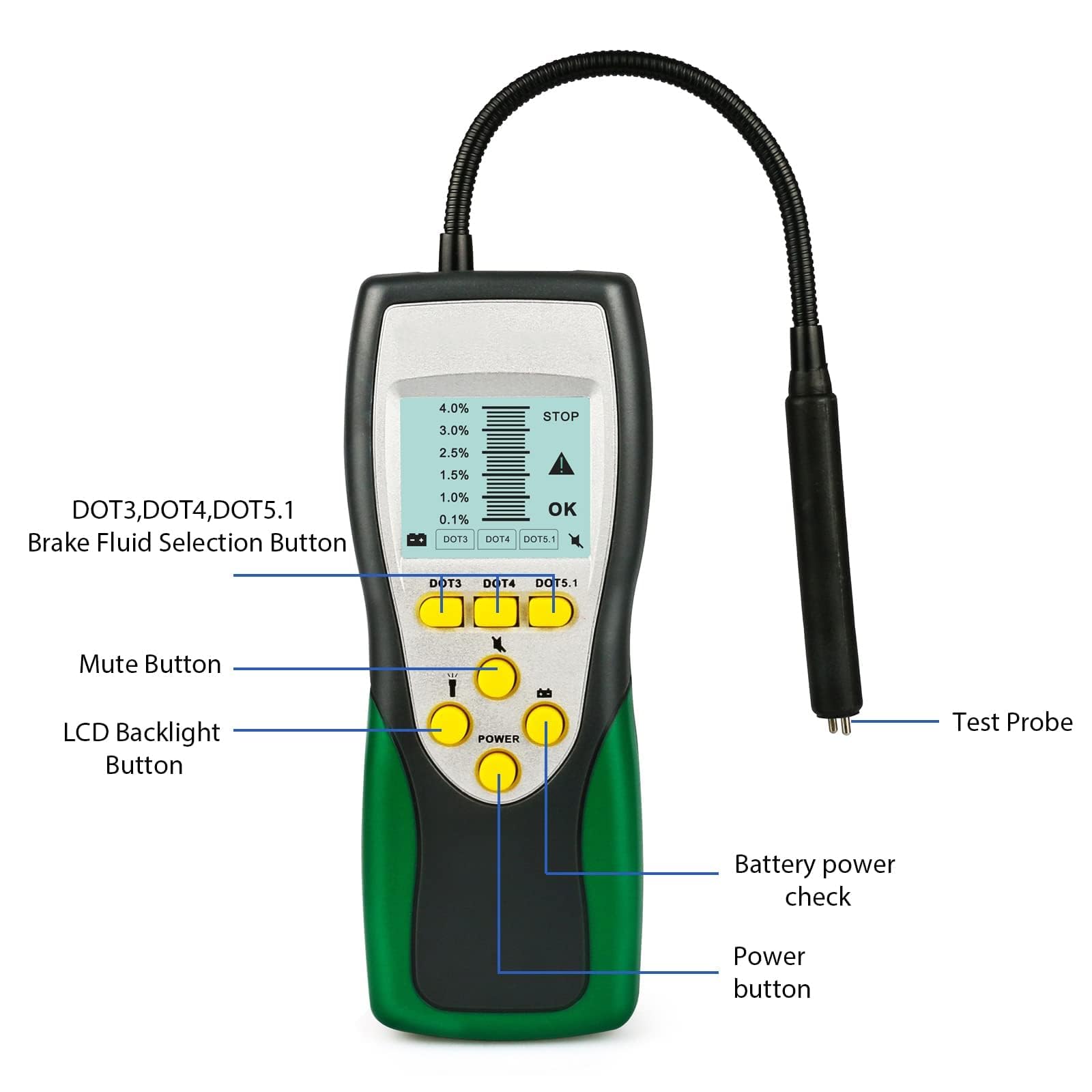 Tester Fluido Freni Auto DOT3 DOT4 DOT5.1 Display LCD 2.2" Brake Fluid Tester con Sonda 250 mm