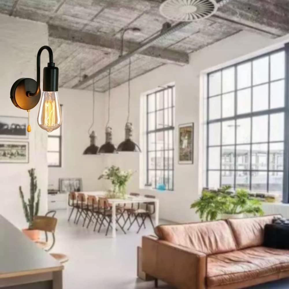 Foco de Pared con Casquillo E27, Estilo Retro de Metal y Hierro, para Loft, con Interruptor de cordón para Dormitorio, Sala de Estar, Garaje, Porche y Pasillo.