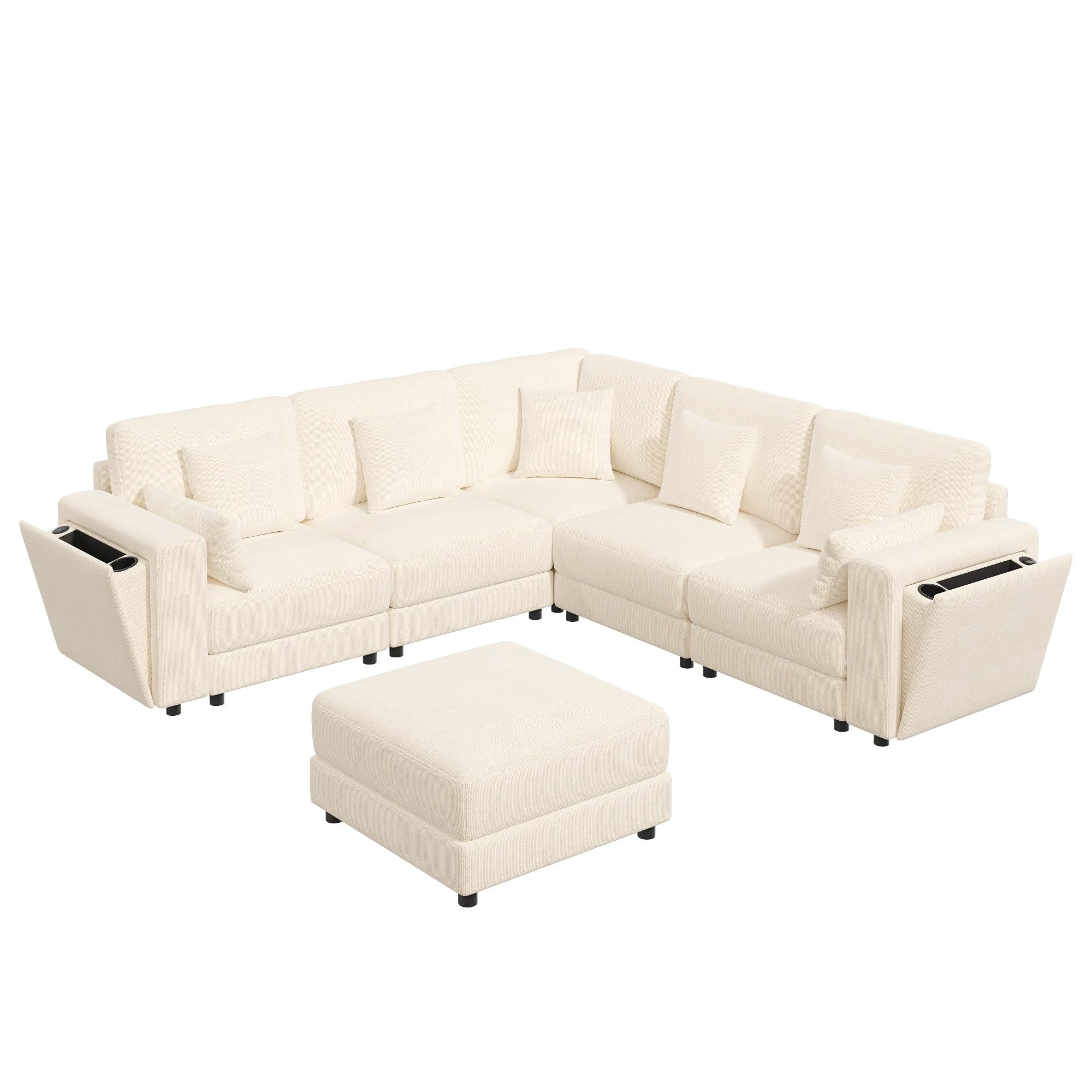 Sofá Modular en Esquina en Forma de L/U, 6 Plazas, Chenilla Gris, con Ottoman, Puertos USB y Tipo C, Portavasos, 215x215x82 cm (Beige + Chenille + 6 Seat)