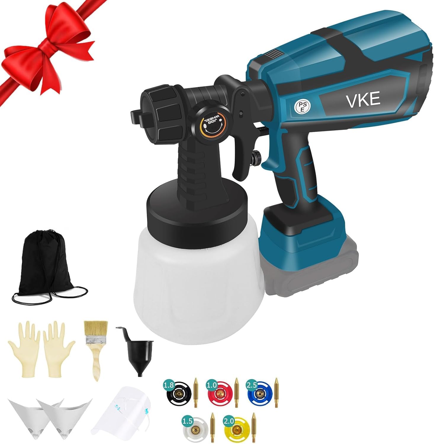 VKE Accu verfspuitsysteem voor Makita 18 V accu, 800 W 1000 ml verfspuitapparaat, elektrisch lakpistool met 5 sproeiers, 3 spatpatronen, beschermmasker en organizer voor het schilderen van muren