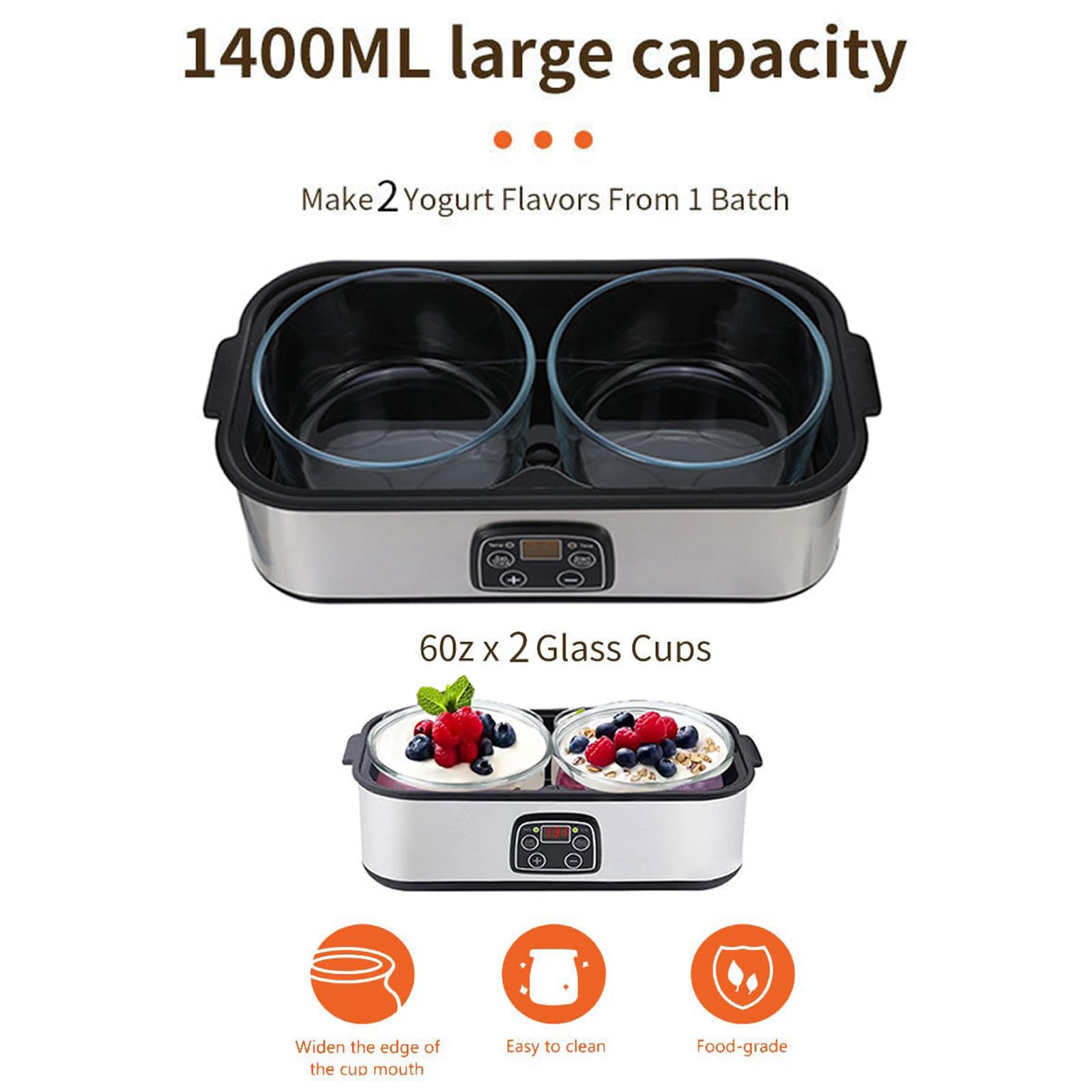 Urządzenie Do Produkcji Jogurtu, Urządzenie Do Fermentacji Jogurtu O Pojemności 1400 Ml Z 2 Szklankami, Automatyczną Kontrolą Temperatury I Inteligentnym Timerem, Domowa Maszyna Do Jogurtów Ze Stali
