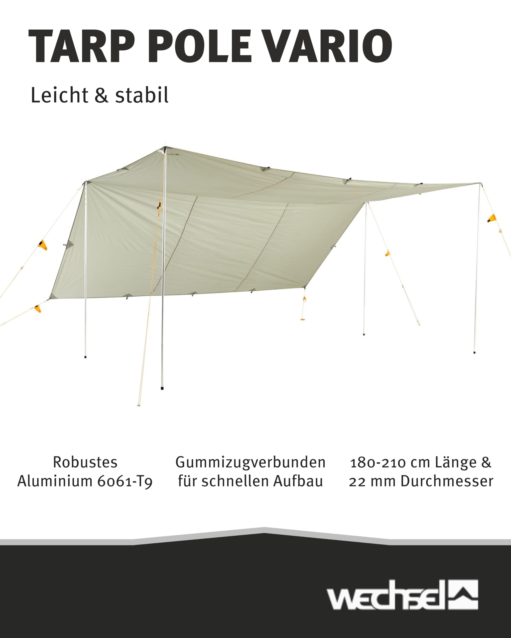 Wechsel Tarp Pole Vario I 180-210 cm Länge & 22 mm Durchmesser I Aufstellstange für Wings & Tarps I verstellbare Tarpstange aus Alu 6061-T9 I leicht & stabil I Zubehör für Outdoor-Abenteuer