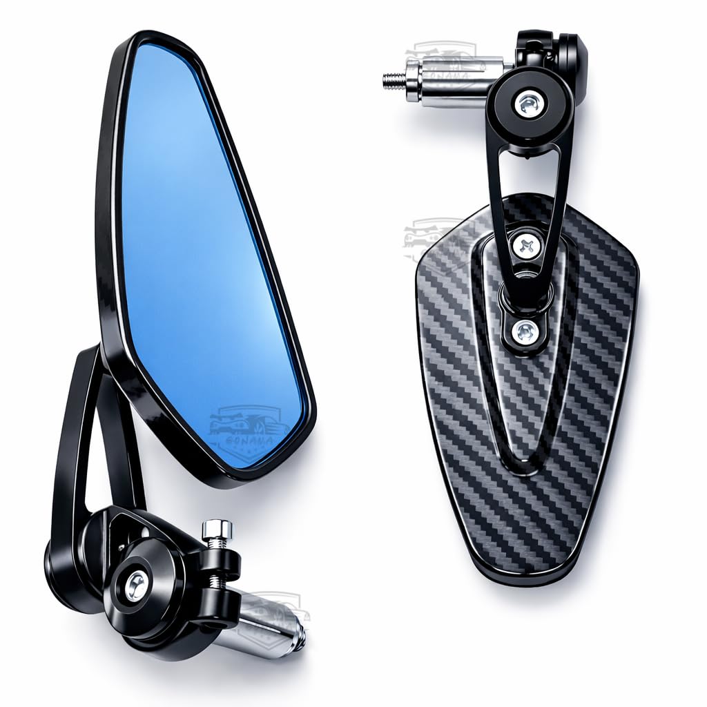 Universal bike Motorcycle Bar End Mirrors with Blue Anti-Glare Glass, Carbon Fiber Pattern, Adjustable Handlebar Rearview Mirrors, Black-image-24