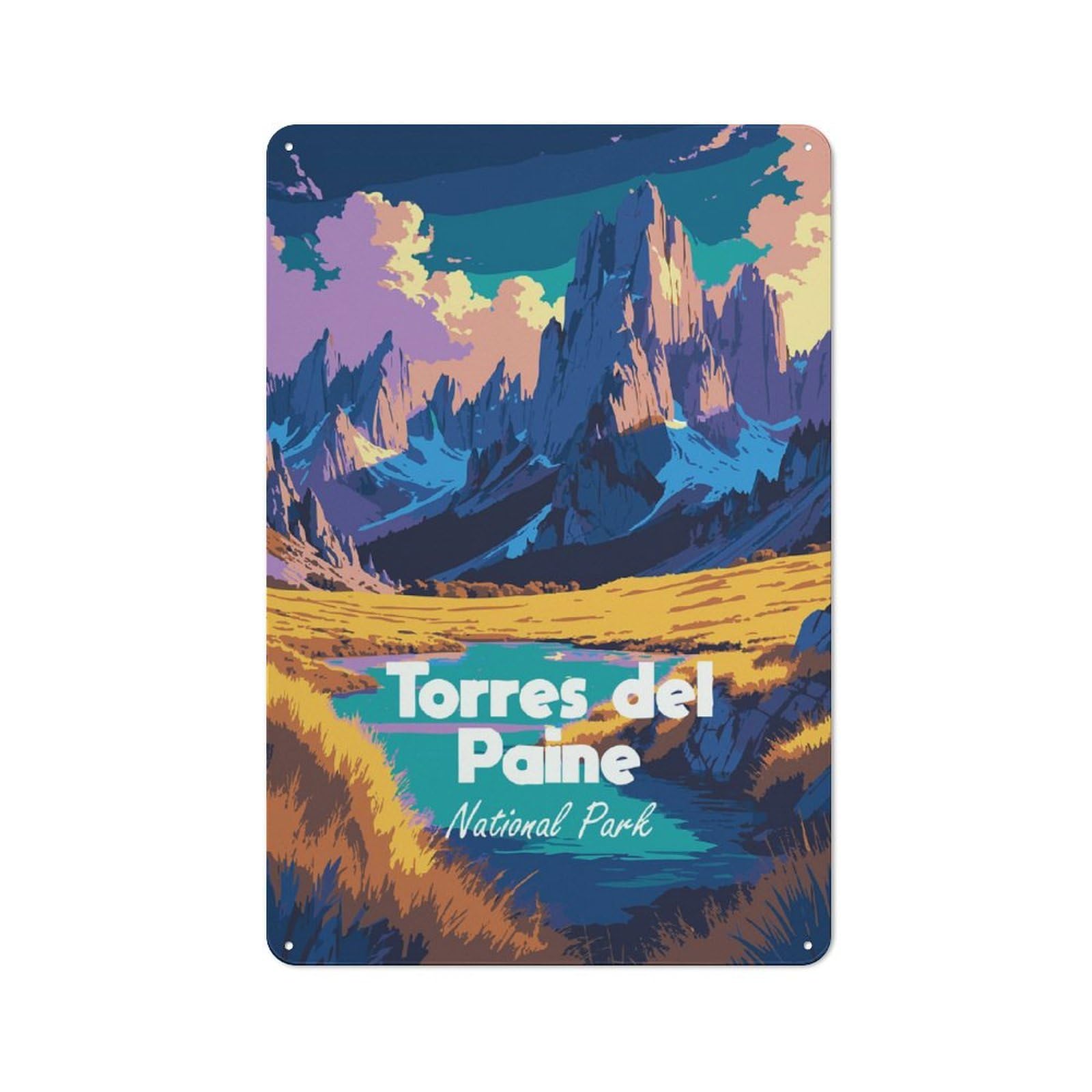 Junmoney Style-4 Old Style Torres Del Paine National Park Decorative Tin Plaque 30X20cm, Bar Wall Plaque For Bar, Kitchen, Garage Or Games Room