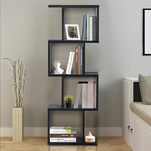 Giantex Estantería de 4 niveles en forma de S, muebles multifuncionales de decoración de madera, estante de almacenamiento industrial independiente