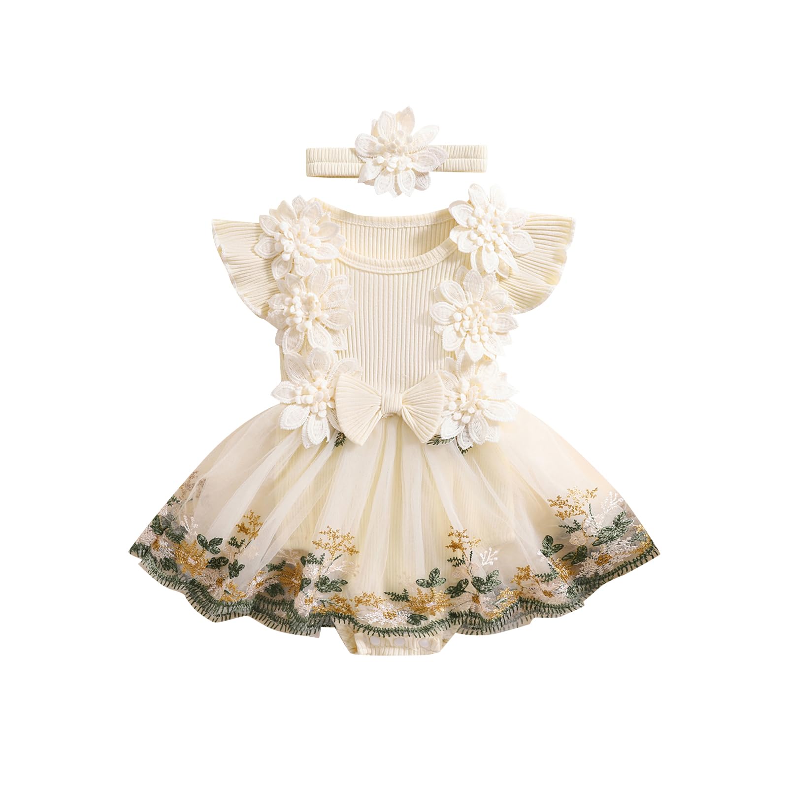 Newborn Baby Girl Summer Dress Ruffle Sleeveless Floral Embroidery Romper Dress Headband Beautiful Clothes Set (Apricot, 6-12 Months)