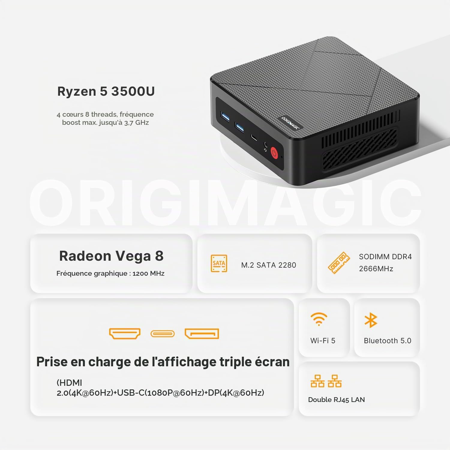C4 Air Mini PC avec Ryzen 5 3500U (3,7 GHz Max),8 Go DDR4,256 Go SSD,Triple Affichage, WiFi 5,Bluetooth 5.0, Double Ethernet,Idéal Maison/Bureau