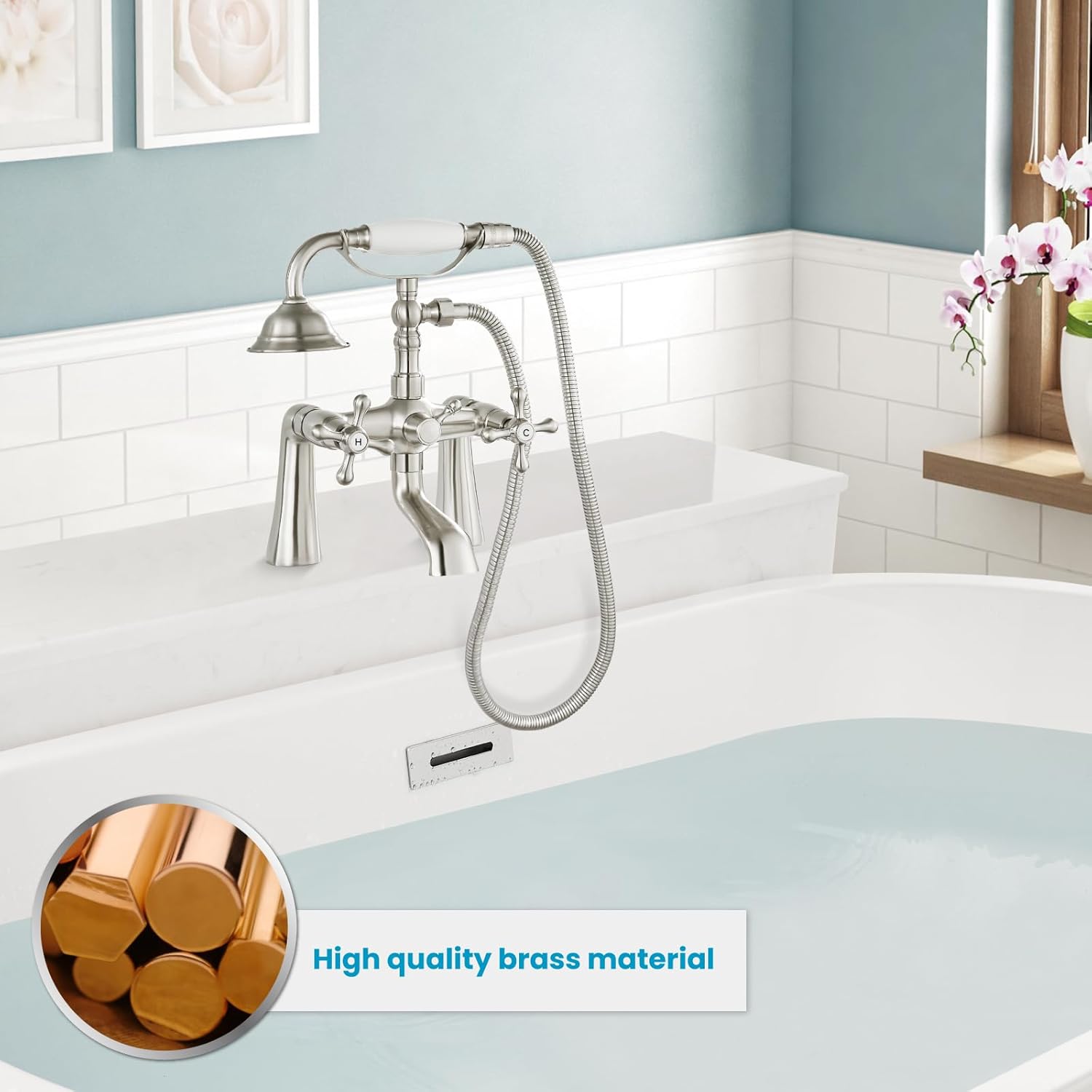 Brushed Nickel Wall-Mounted Clawfoot Tub Faucet with Handheld Shower
