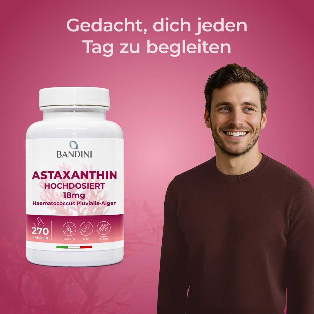 Bandini® Pure Astaxanthin 18 mg pro Kapsel, 270 Kapseln, 9 Monate Vorrat (1 Kapsel pro Tag), Alge Haematococcus Pluvialis - Natürliches Astaxanthin, frei von Magnesiumstearat, GMO-frei