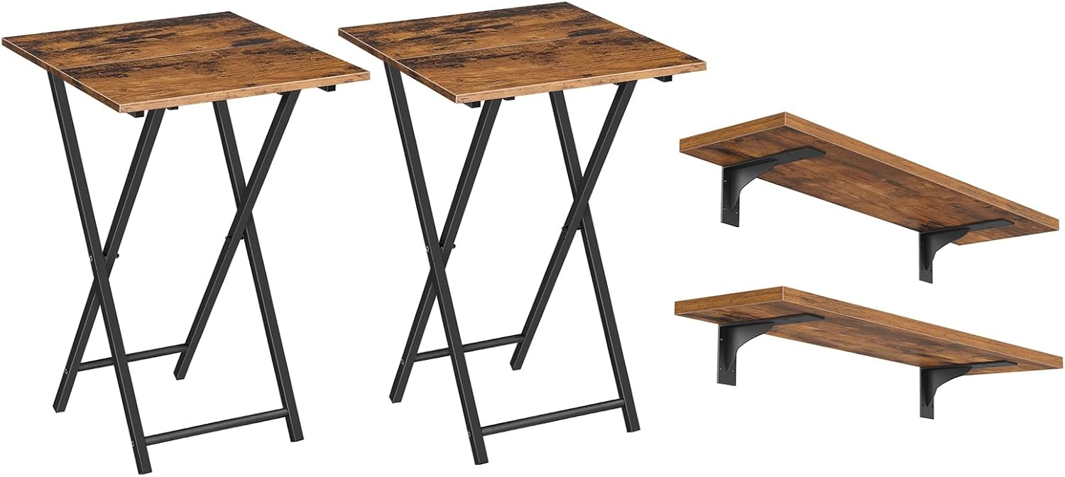 HOOBRO Folding TV Tray Tables, Set of 2 Wooden TV Trays Side Tables, Portable Sofa Snack Table, 15.4" Floating Shelves for Wall, Wall Mounted Shelf Storage Shelves BF27BZP201-BF42BJP201G1
