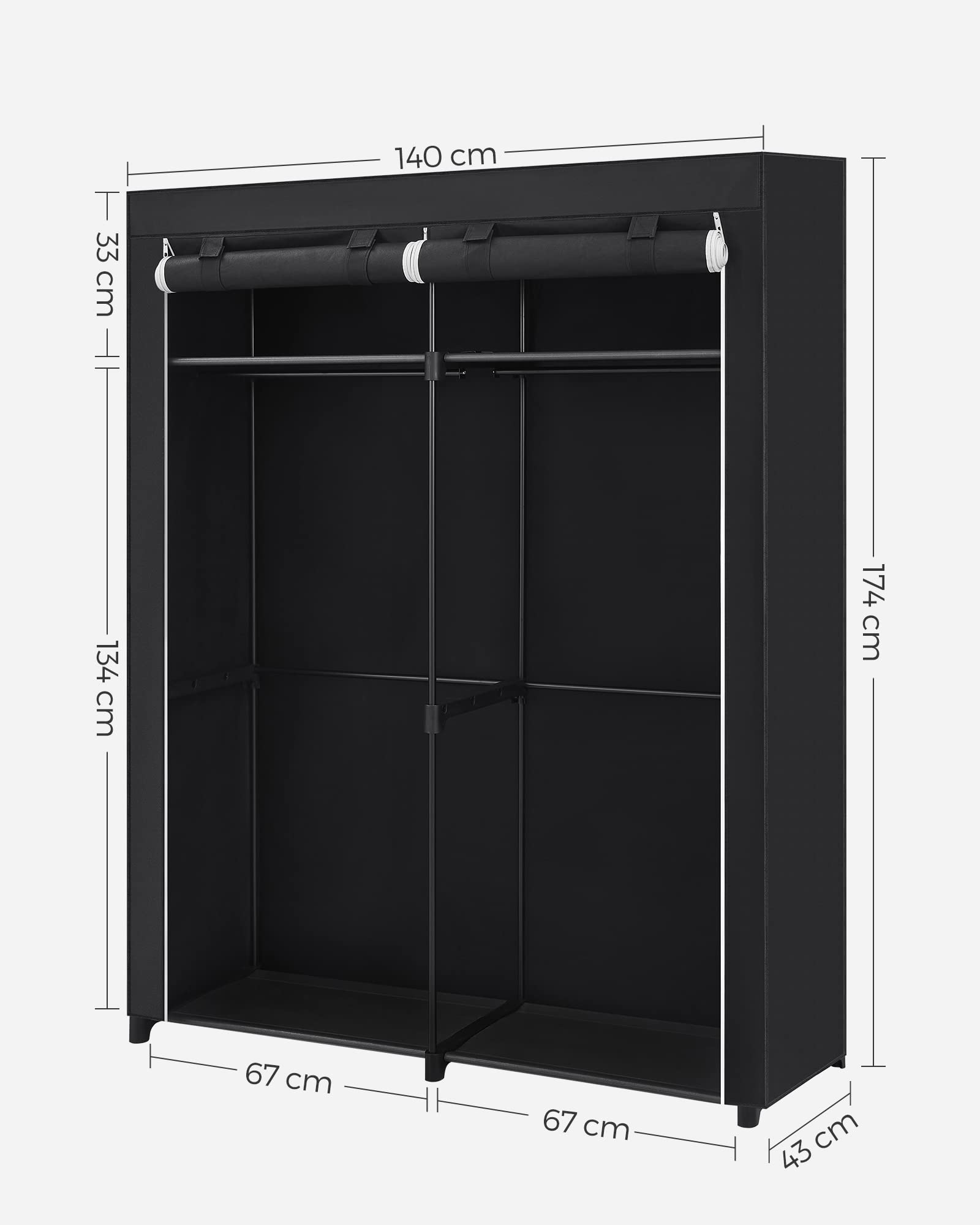 SONGMICS Armadio, Guardaroba Porta Abiti per Camera da Letto con 2 Barre Appendiabiti, Armadio Portatile in Tessuto, Pieghevole, per Armadio, 140 x 43 x 174 cm, Nero Inchiostro RYG02BK