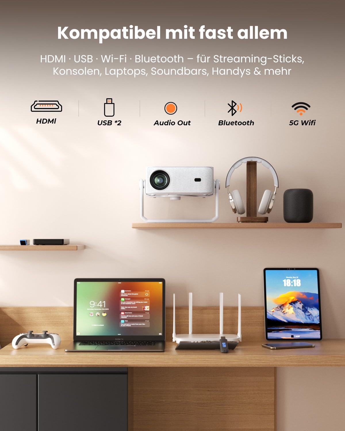 iSinbox 4K Beamer Outdoor mit Netflix, 2x20W Dolby & DTS, HDR10+, WiFi 6 | Schwenkbarer Ständer,Auto Screen Fit, KI-Autofokus, 6D-Keystone, Bluetooth 5.4 Projector für Heimkino, Gartenkino & Gaming