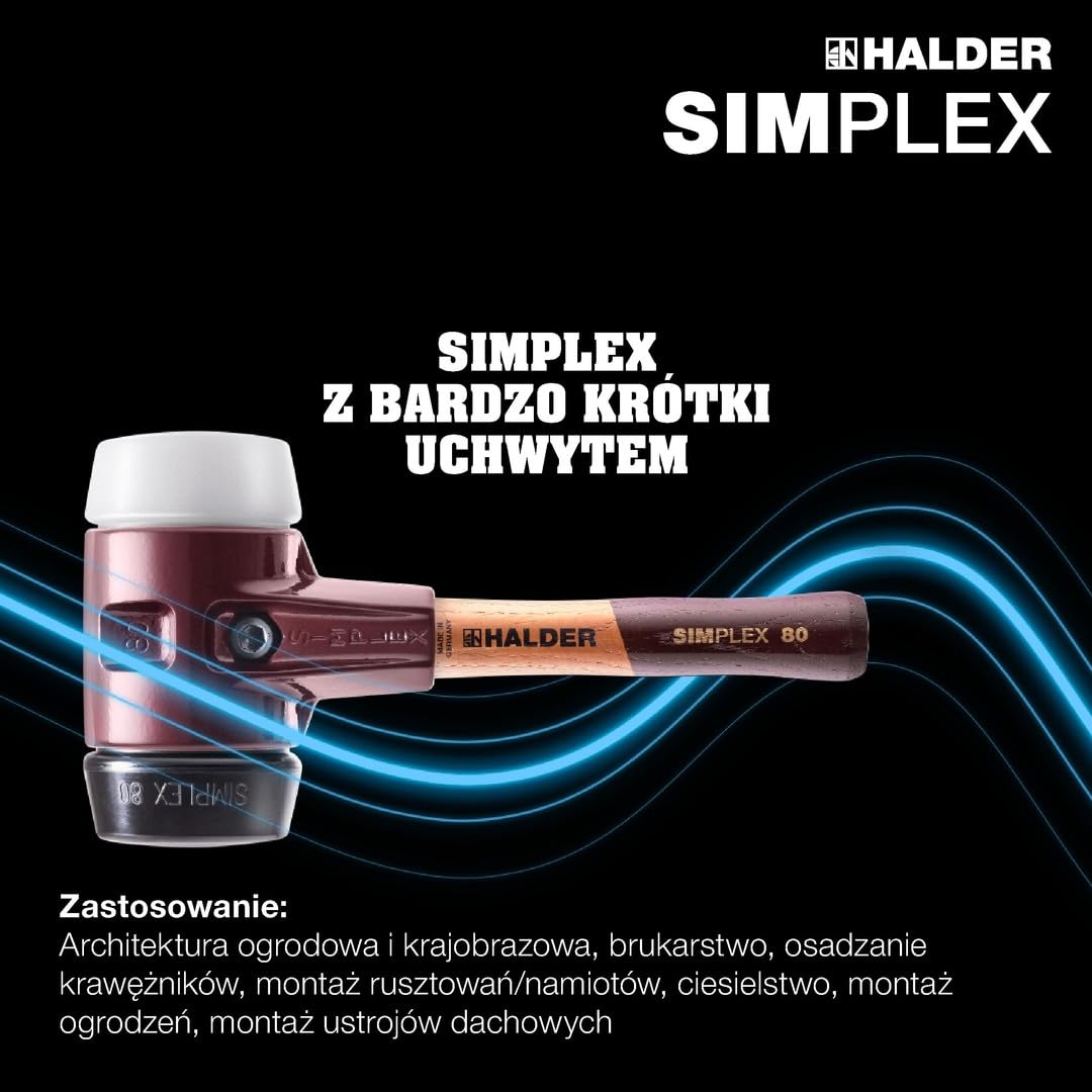 Młotek ochronny SIMPLEX, kompozycja gumowa/super plastik; z obudową z żeliwa ciągliwego i wysokiej jakości drewnianym trzonkiem | śr. = 80 mm | 3027.082