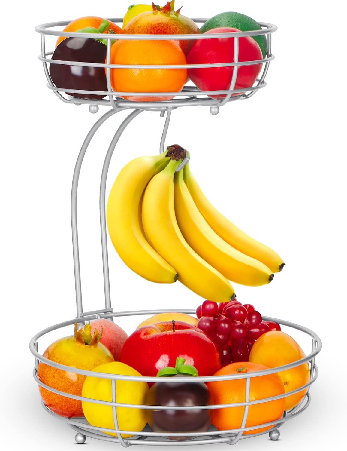 Kufutee 2-Tier Countertop Fruit Basket Bowl With Banana Hanger,Silver 64 ounces