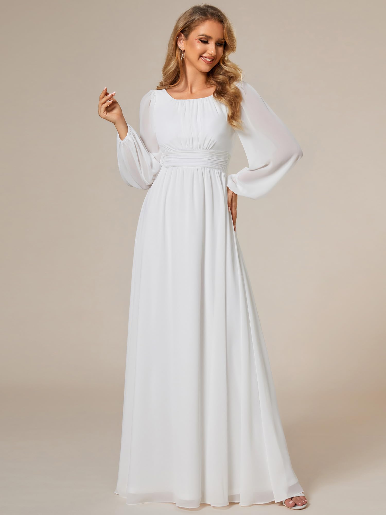 Ever-Pretty Vestito da Sera Donna Lungo Cintura Rotondo Manica Lunga Elegante Abiti da Cerimonia ES0106B Bianco 44
