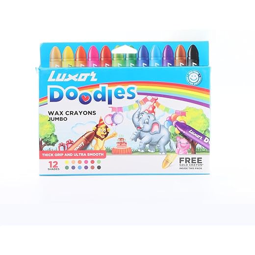 Luxor Doodles Jumbo Wax Crayons| 12 Assorted Shades| 1 Free Gold Crayon | Best For Young Artists