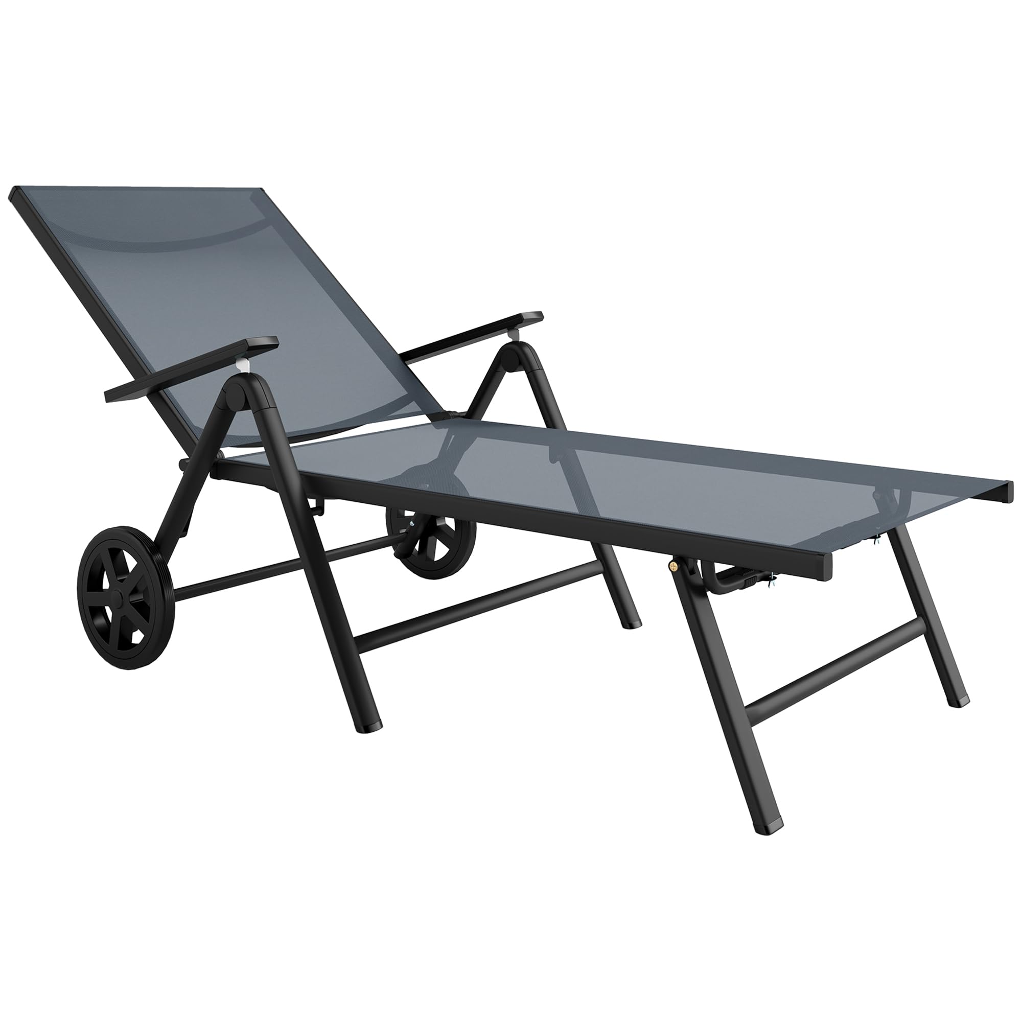 Outsunny Folding Sun Lounger with Wheels, 5-Position Reclining Garden Lounger with Armrests, Metal Frame Portable Outdoor Reclining Chair Sunbed for Beach, Porch, Grey