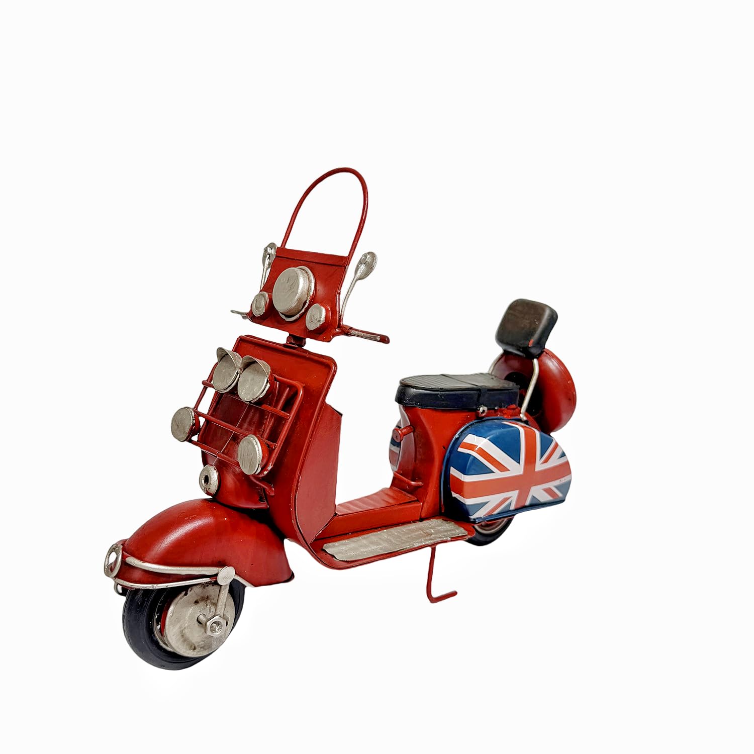 Outour Red Vintage Scooter Model – Handmade Iron Classic Vespa-Style Figurine With Union Jack Design Retro Mod Decor For Collectors, British Gifts, And Home Display