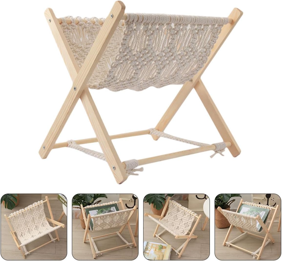 Rustic Cotton Rope Woven Magazine Rack Foldable Book Stand Storage Shelf for Living Room and Office Organization
