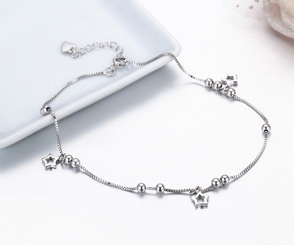 Kim Johanson Damen Fußkettchen *Silver Star* aus Edelstahl in Silber mit beweglichen Sternen & Kugeln inkl. Schmuckbeutel