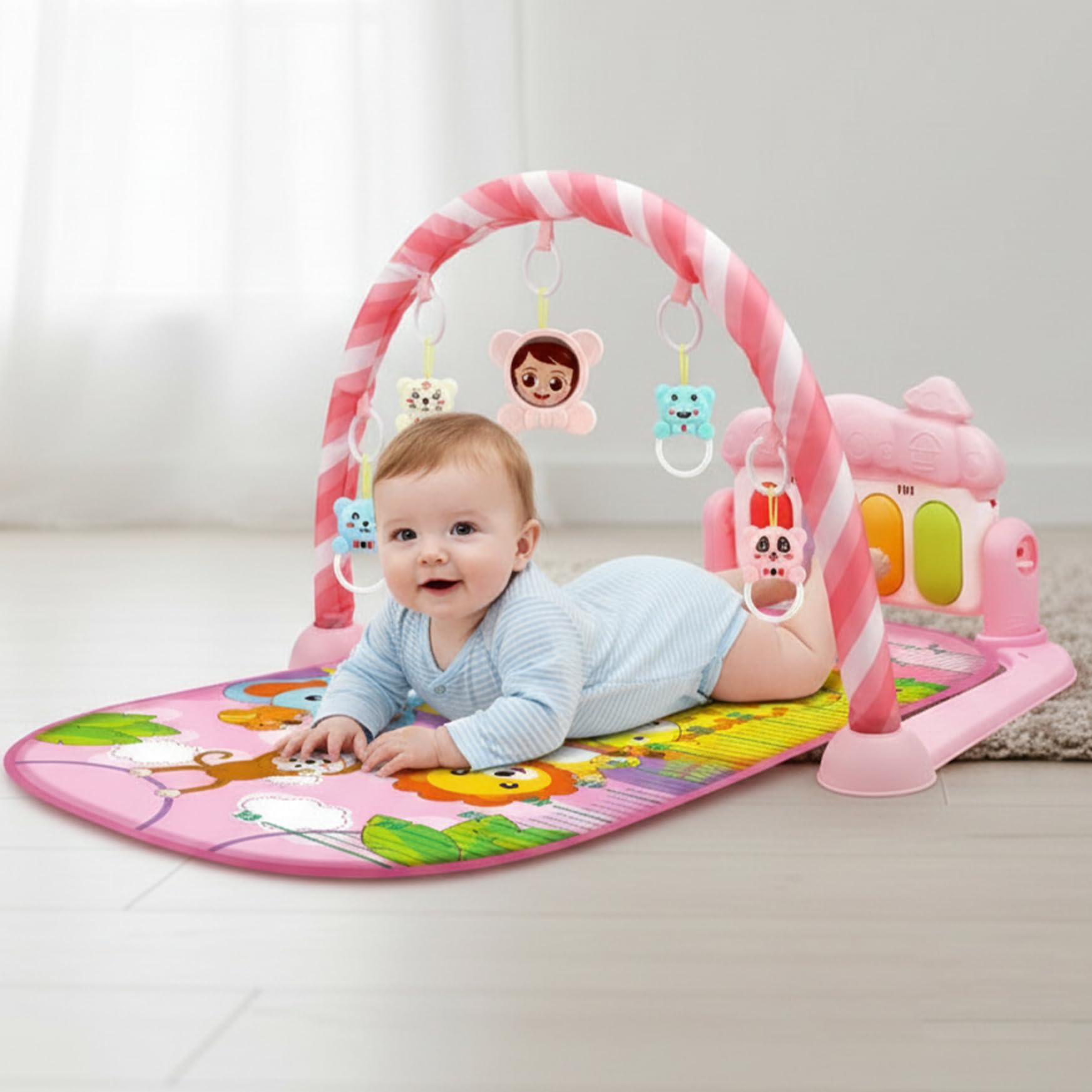 Alfombra de Juegos para Gimnasio para bebés con música y luz, Centro de Actividades Seguro para bebés con Colgante de sonajero, Alfombra de Juego Suave para el Tiempo Boca Abajo, Juguetes para r