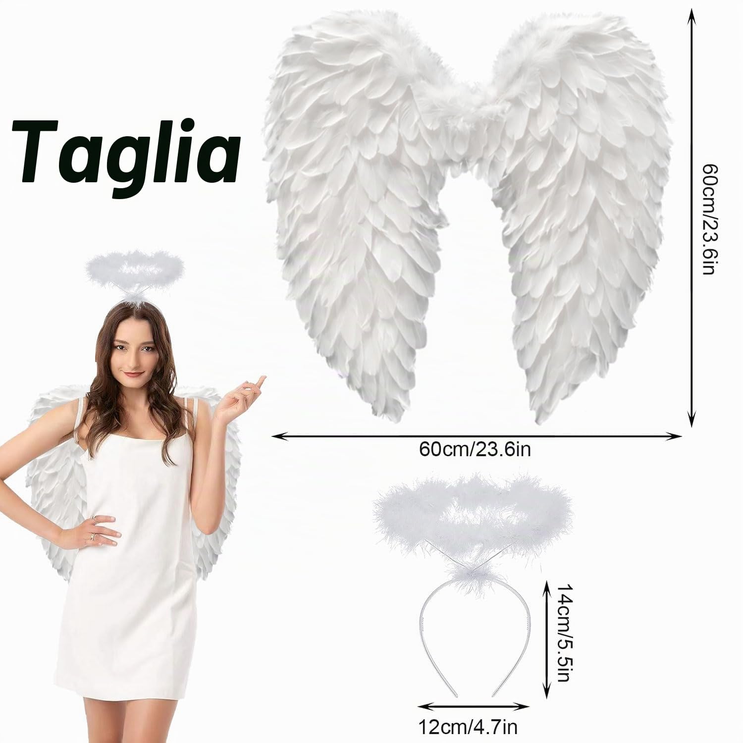 60 cm, ali d'angelo bianche con alone, ali d'angelo, angelo di piuma, ali d'angelo, per donne e ragazze, costume per feste di carnevale, travestimento