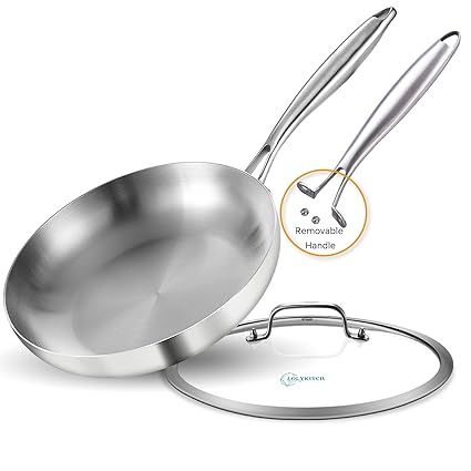 LOLYKITCH 11 Inch Tri-ply 18/8 Stainless Steel Chef's Pan,Frying Pan with Lid,Skillet,Induction Pan,Pot and Pan Set,Dishwasher and Oven Safe.(Removable Handle)