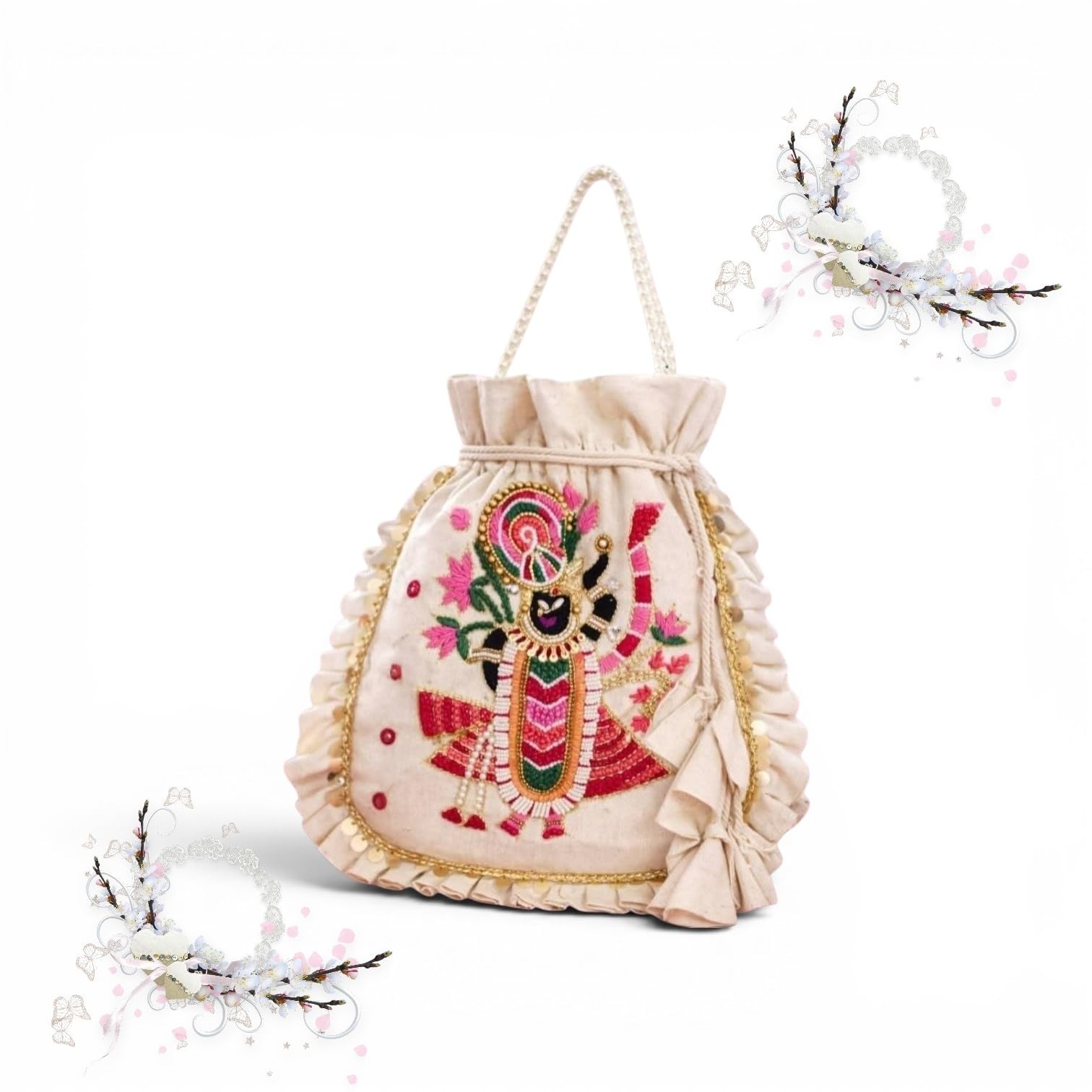 Handcrafted Shreenathji Embroidered Potli Bag for Women – Beige Drawstring Pouch with Pearl Handle | Traditional Indian Wedding & Festive Clutch-image-26