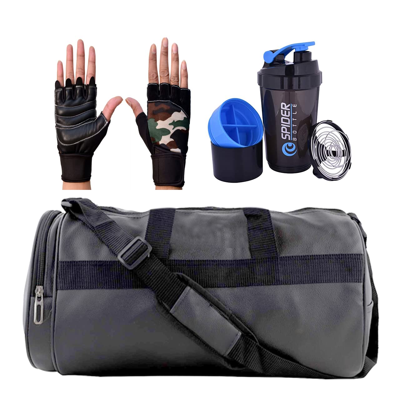 MK Leatherite Gym Bag Combo for Men ll Gym Bag, Bottle Gloves ll Gym kit for Men and Women ll Gym Bag Gym & Fitness Kit, Black, White , Blue , Green, Gym Bags