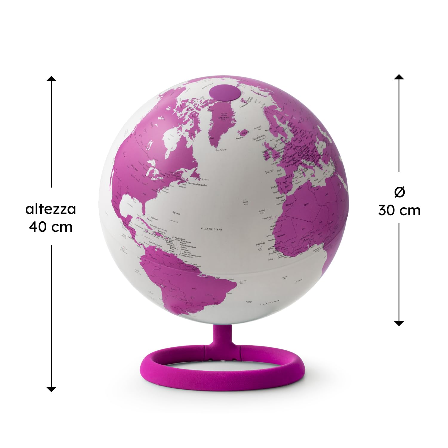 Tecnodidattica Atmosphere Evolve Velvet Agata - skandynawski globus z kolorową lampą, polityczna kartografia w języku angielskim, średnica 30 cm, wyprodukowano we Włoszech